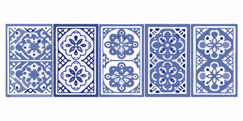 Obraz premium A series of five rectangular blue and white patterned ceramic tiles displayed in a row