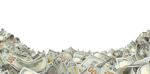 Hundred dollar bills forming a lower frame, isolated on transparent cutout background