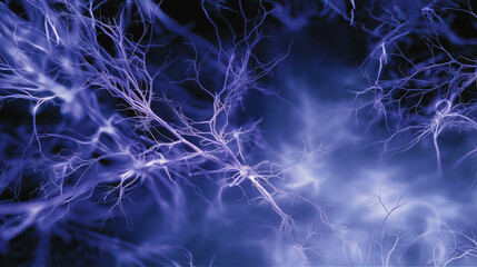 Close-up of blue mycelium structures with thin filaments and round fruiting bodies against a dark backdrop, highlighting unique textures and natural patterns