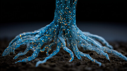 Close-up of blue mycelium structures with thin filaments and round fruiting bodies against a dark backdrop, highlighting unique textures and natural patterns