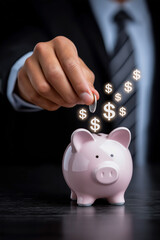 Hand is inserting a coin into piggy bank with glowing dollar signs and stacks of coins on a dark background, representing savings and finance