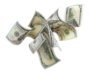 Flying hundred dollar banknotes, isolated on transparent cutout background
