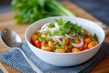 Plate of baked beans alongside cornbread, mixed vegetables, and dinner rolls on a wooden table with a salad