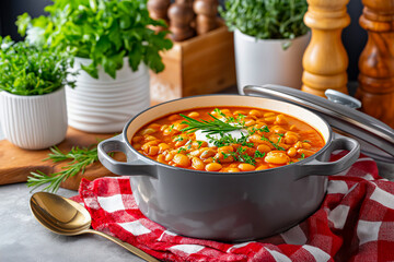 Plate of baked beans alongside cornbread, mixed vegetables, and dinner rolls on a wooden table with a salad