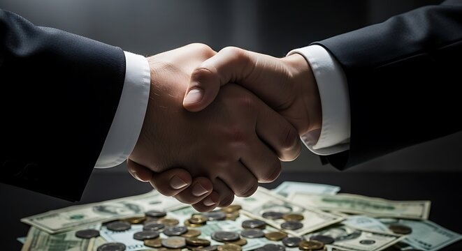 Close-up of two businesspersons shaking hands over a pile of currency bills and coins