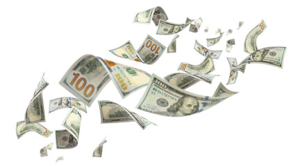 Flying hundred dollar banknotes, isolated on transparent cutout background