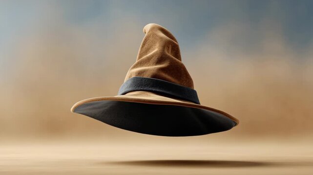 Brown wizard hat with a wide brim and blue band floats in mid-air against a soft blurred background, showcasing its unique shape and texture in a magical setting