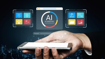 Hand holding smartphone with AI assistant interface displayed on screen, showcasing digital tools, data analytics, and modern technology in sleek design Gluon.