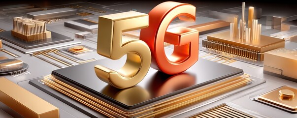 5G logo on top of a circuit board showcasing high-speed technology and modern digital networks