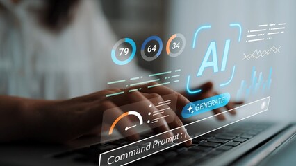 Hands typing on a laptop with digital graphics displaying AI concepts, data metrics, and command...