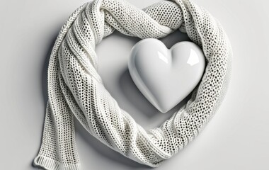 white heart in knitted scarf on background, concept of gifts, cards, wellness, banner