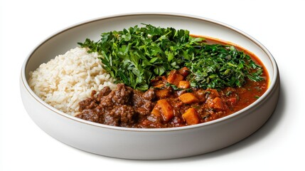 A delicious bowl featu rice, a rich beef and vegetable stew, and fresh herbs creates an appetizing and nutritious meal presented on a white background.