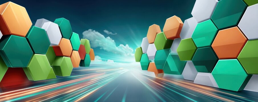 Data center with green hexagon symbols and icons representing technology and digital innovation - Powered by Adobe