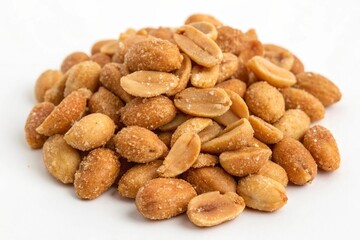 A pile of salted peanuts on a white background