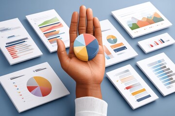 Hand holding isometric pie chart surrounded by graphs and data charts for business analysis