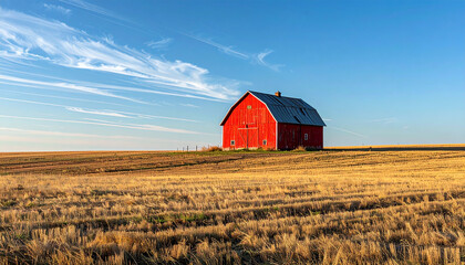 Classic red barn sits in a dry golden field under a vast blue sky with streaky white clouds at sunset