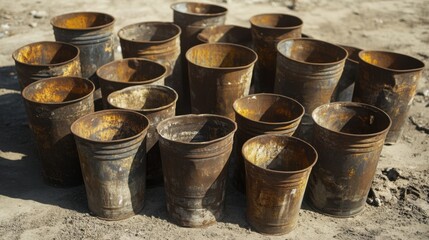 A pile of old rusted metal buckets and containers sit on the ground outdoors
