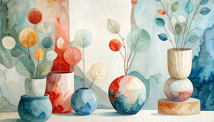 Minimalist watercolor illustration of colorful vases with abstract plants. Perfect for modern interior art, home decor prints, or editorial lifestyle designs. Vibrant, artistic, and serene.