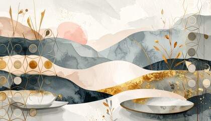 Elegant semi-abstract watercolor illustration featuring layered organic shapes in blue, peach, and coral with delicate wildflower branch overlays. Modern art perfect for serene interior wall decor