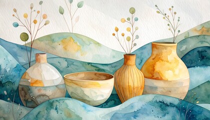 Delicate, stylized botanical branches with colorful berries emerge from the rolling hills, blending organic elements with geometric shapes. This piece is ideal for high-end interior decor, gallery wal