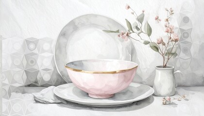 Serene minimalist impasto painting of a white ceramic pitcher against a textured abstract mountain landscape. Palette knife art ideal for modern kitchen decor or calm interior art.