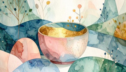 Delicate, stylized botanical branches with colorful berries emerge from the rolling hills, blending organic elements with geometric shapes. This piece is ideal for high-end interior decor, gallery wal