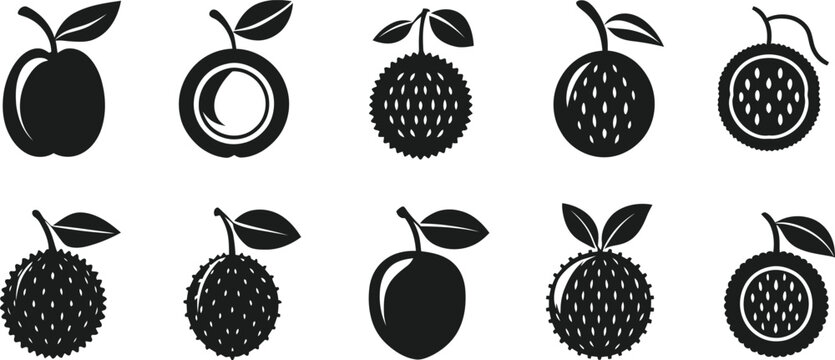 Exotic Fruit Icon Set, Lychee, Passion Fruit, and Plum Vector Silhouettes