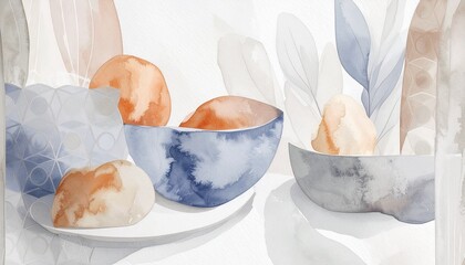 Minimalist watercolor illustration featuring abstract blue and orange bowls against a soft botanical backdrop with geometric pattern overlays. Modern artistic still life for interior art or home decor