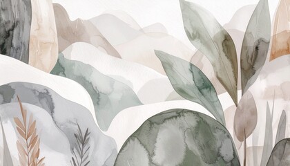 Soft watercolor illustration of abstract rolling hills in earth tones and muted greens with delicate botanical leaf overlays. Minimalist nature art perfect for  interior art and serene wall decor