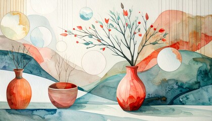 Minimalist watercolor illustration of colorful ceramic vases and botanical branches against an abstract rolling hills background. Panoramic artistic still life for modern interior art and home decor.