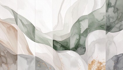Artistic watercolor illustration of flowing vertical waves in muted green, gray, and beige with subtle gold leaf speckles. Elegant minimalist art for modern interior art, home decor, or textile design