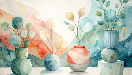 Vibrant watercolor illustration of patterned ceramic vases with botanical leaves against an abstract mountain backdrop. Modern artistic still life for interior art, home decor, or gallery wall prints.
