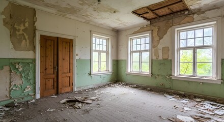 Abandoned room with peeling green walls damaged ceiling and wooden double doors