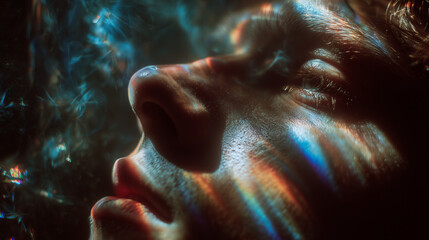 Cinematic dreamy close up portrait with prism light leaks, colorful rainbow refraction and smoky haze, textured skin and dramatic shadow mood, surreal aesthetic background for posters, music covers