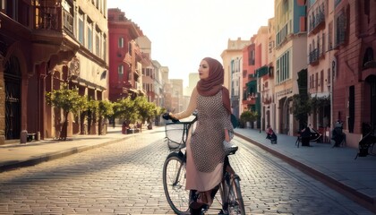 Naklejka premium Woman in hijab with bicycle on European street at sunset.