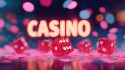 Neon casino gambling background with red dice on glossy table, colorful bokeh confetti and blurred casino sign, vibrant nightlife atmosphere, lucky game concept for banners, advertising, web headers 