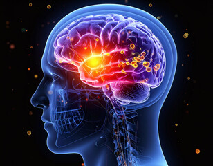 Advanced 3D medical illustration of a human head highlighting intense brain activity. Symbolic of migraines, neural disorders, or cognitive power. Ideal for science and health projects.
