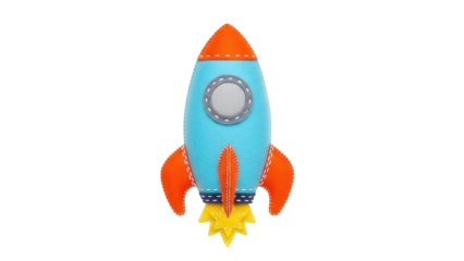 Felt rocket ship PNG isolated on transparent background, handmade toy with orange fins and yellow flame for kids crafts