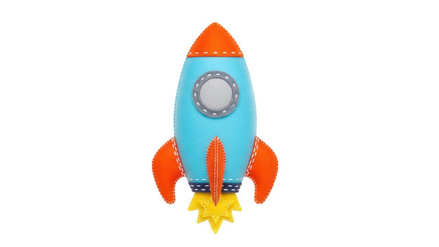Felt rocket ship PNG isolated on transparent background, handmade toy with orange fins and yellow flame for kids crafts