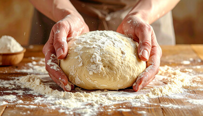Close-up of baker's hands holding a ball of raw dough generously dusted with white flour Keywords: baking, dough