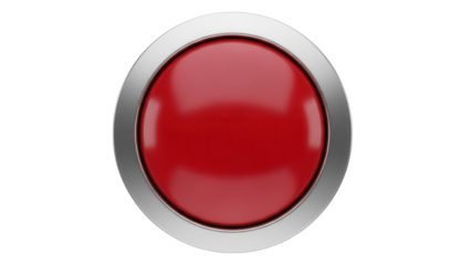 Shiny red round button isolated PNG on transparent background, emergency stop or call button for user interface and graphic design