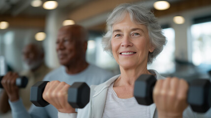A group of seniors lifting dumbbells in a synchronized manner highlights the social aspect of fitness, demonstrating how group exercise encourages camaraderie and fitness goals among older adults.