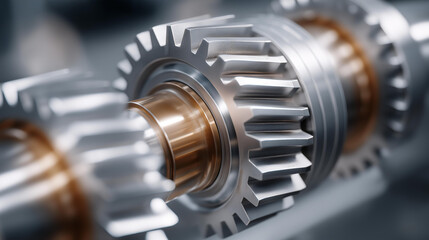 Fototapeta premium Mechanical power transmission is illustrated through interlocking metal gears, where precise alignment enables smooth motion transfer, torque distribution, and efficient machine operation.