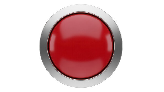 Shiny red round button isolated PNG on transparent background, emergency stop or call button for user interface and graphic design