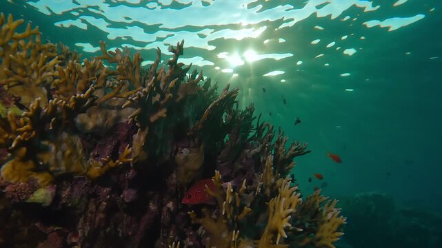 Panorama of coral reef with tropical fish in morning backlit, Slow motion, Close-up of Net Fire Coral, Millepora dichotoma in contre-jour, Bottom view of marine life on coral reef at sunrise
