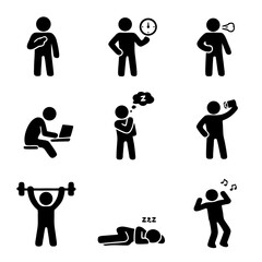 Black stick figure pictograms showing daily life activities: working on laptop, checking time, coughing, selfie, weightlifting, sleeping and dancing. Simple icons for apps and signage.