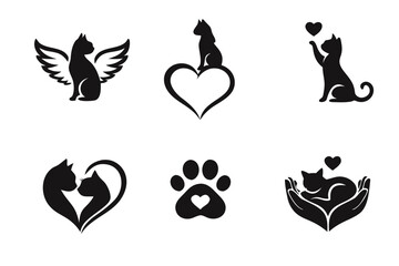 Black pet love icon set with cats, hearts, paw print and caring hands, isolated on white. Concept of adoption, protection, friendship, animal rescue, shelter, kindness and affection.