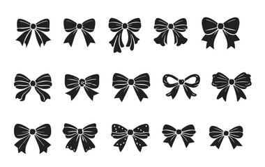 Black ribbon bow silhouettes collection with different knot shapes and tails, elegant cutout style. Decorative icons for gift wrapping, wedding, birthday, christmas and branding.