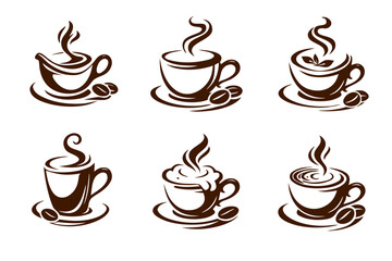 Coffee cup icon set in brown line art with steam, saucers and beans; espresso, cappuccino and latte variations. Caf&eacute; menu symbols for barista branding, packaging and web banners.