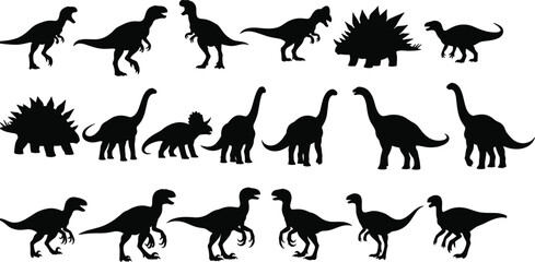 Collection of Black Dinosaur Silhouettes Featuring Various Species Including Tyrannosaurus Rex Triceratops Stegosaurus and Brachiosaurus for Prehistoric  © rehna